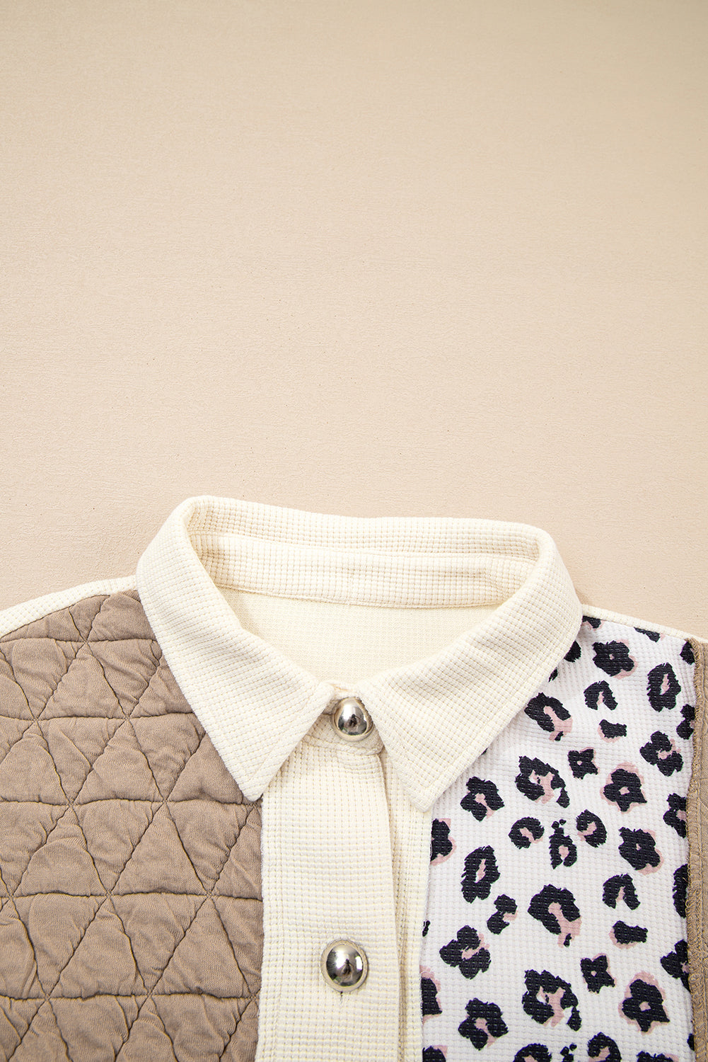 Khaki Leopard Waffle Quilted Patchwork Button Front Jacket eAura