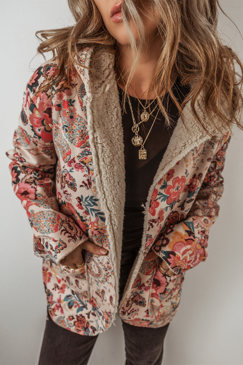 Floral Printed Sherpa Lined Hooded Jacket eAura