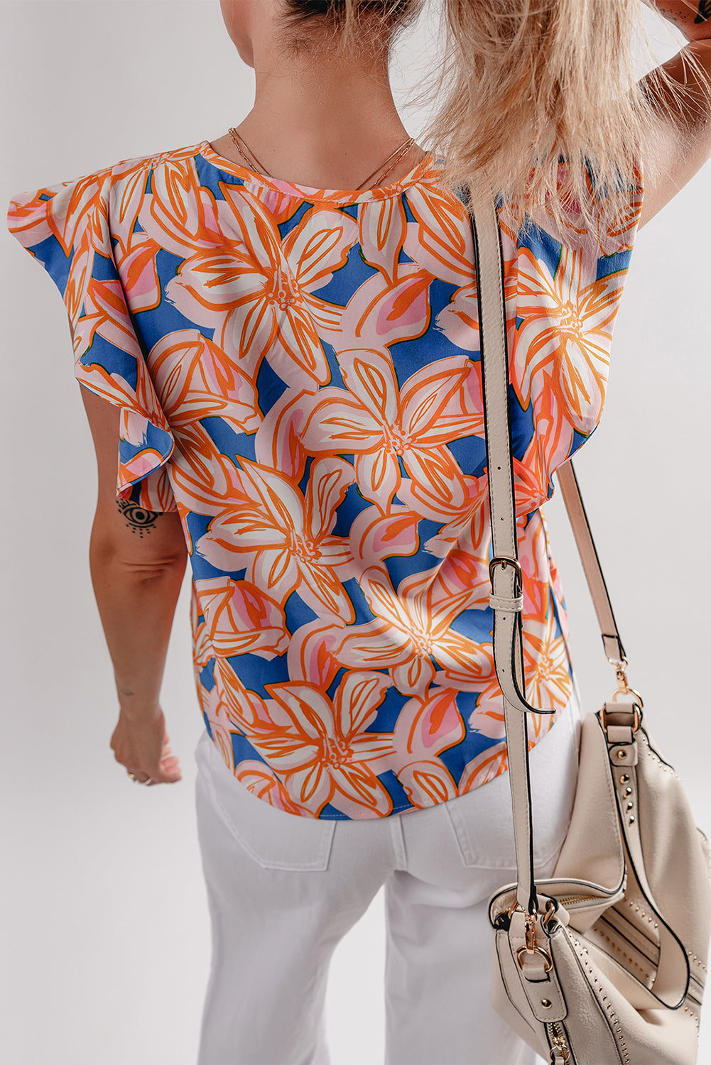 Orange Summer Flower Print Notched Neck Ruffle Sleeve Blouse eAura