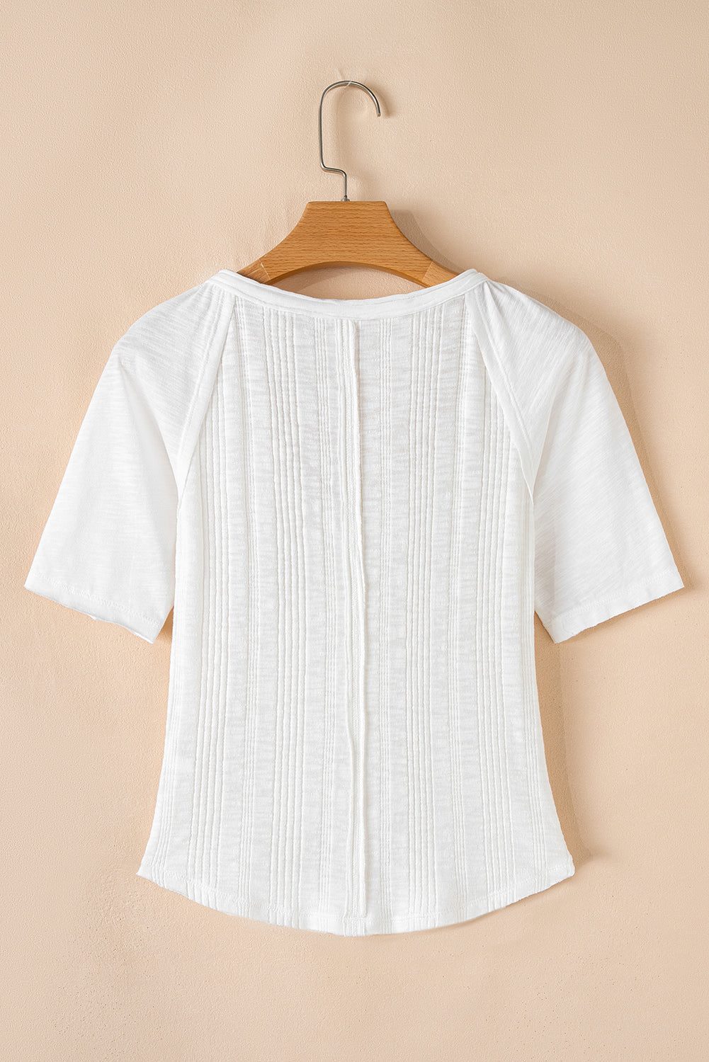 White Snap Button Drawstirng Tie Neck Textured Half Sleeve Shirt eAura