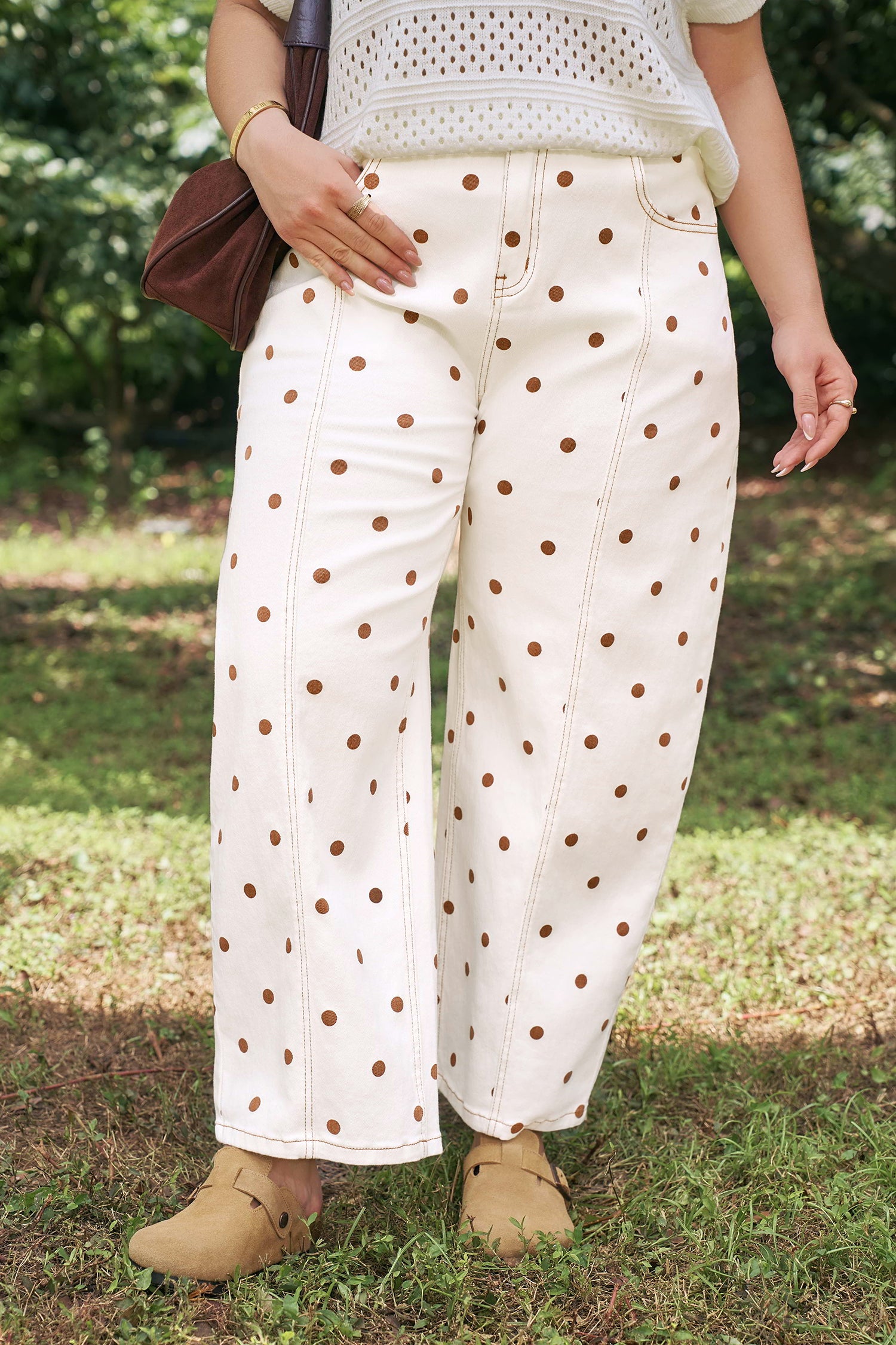 Polka Dot Print Plus Size Barrel Jeans – Beige