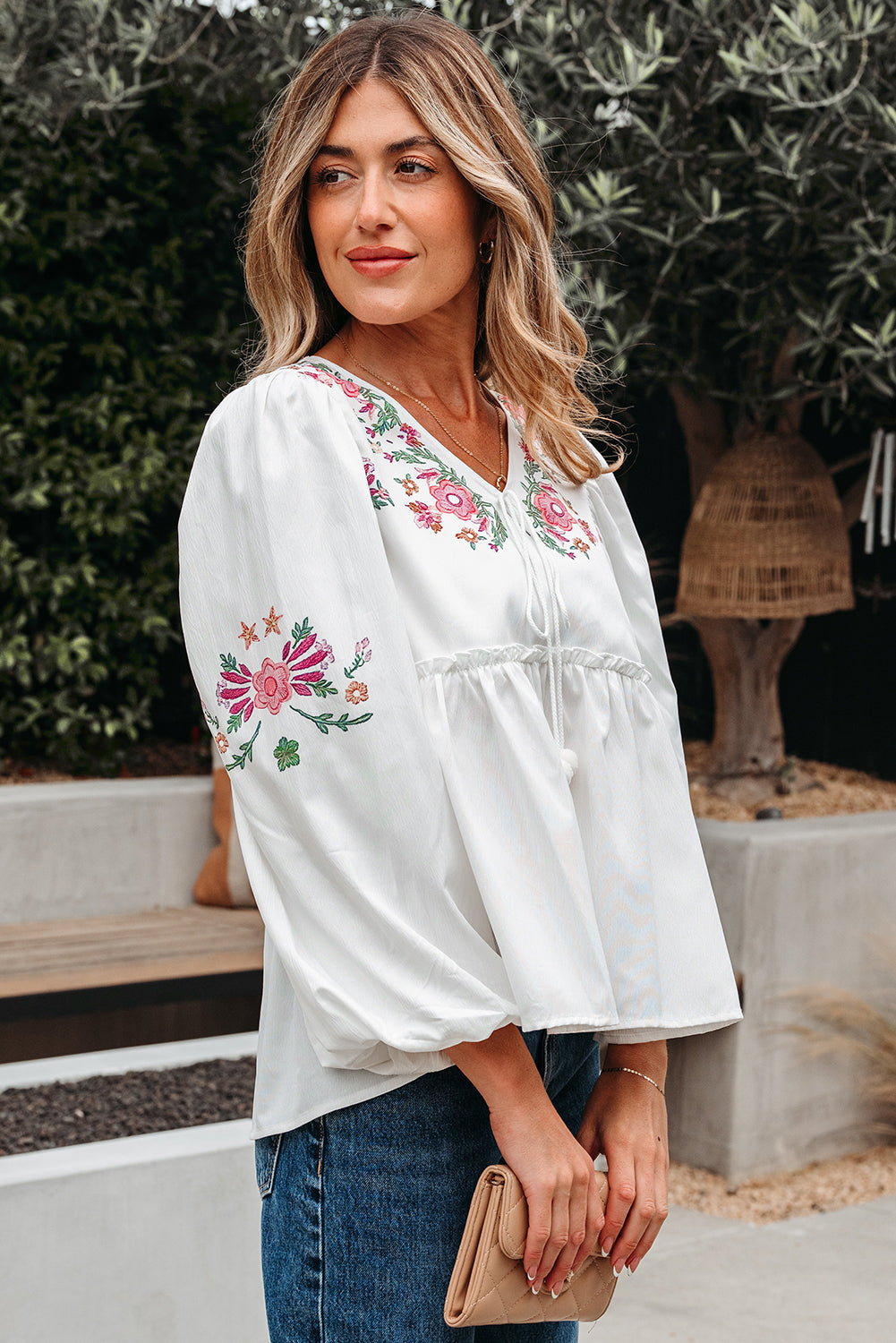 White Flower Lace-up V-Neck Babydoll Blouse eAura