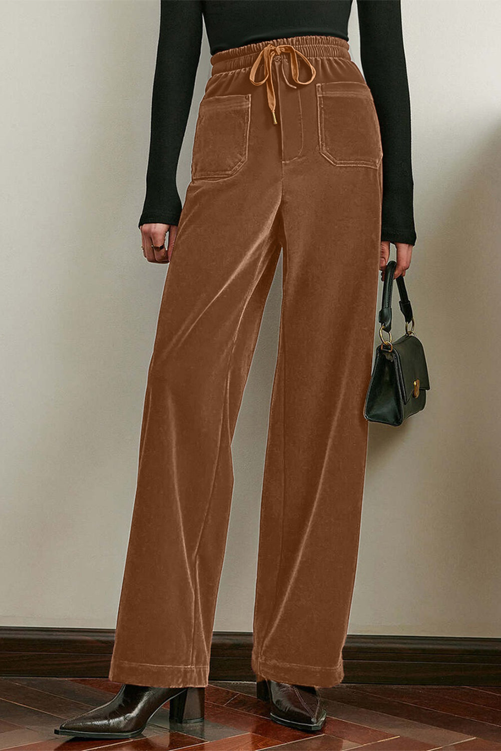 Straight Leg Drawstring Elastic High Waist Trousers - eAura