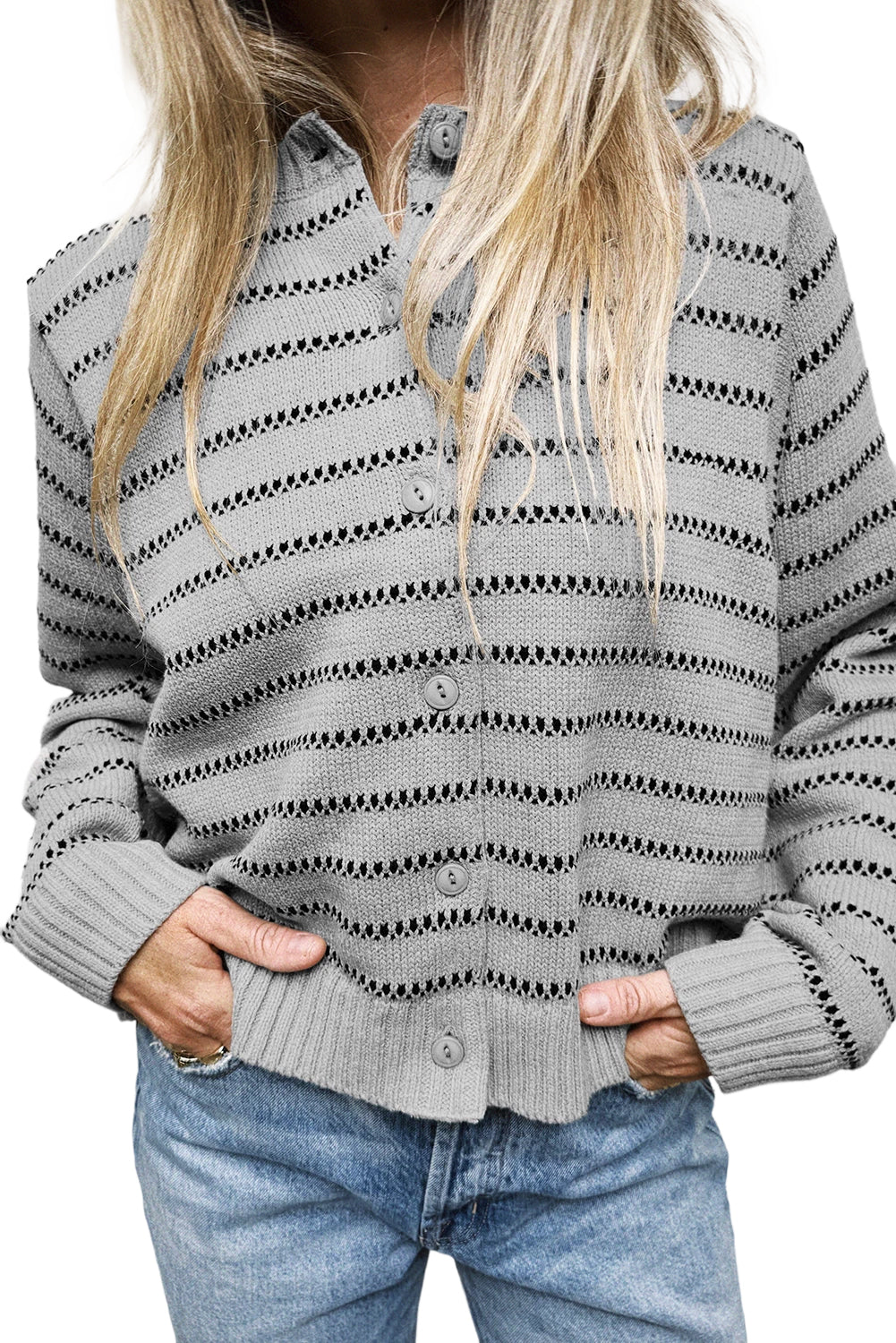 Grey Stripe Button Front Ribbed Trim Short Cardigan