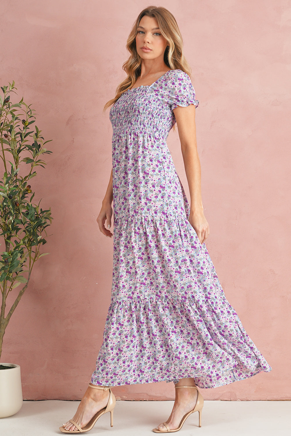 Floral Short Bubble Sleeve Smocked High Waist Maxi Dress