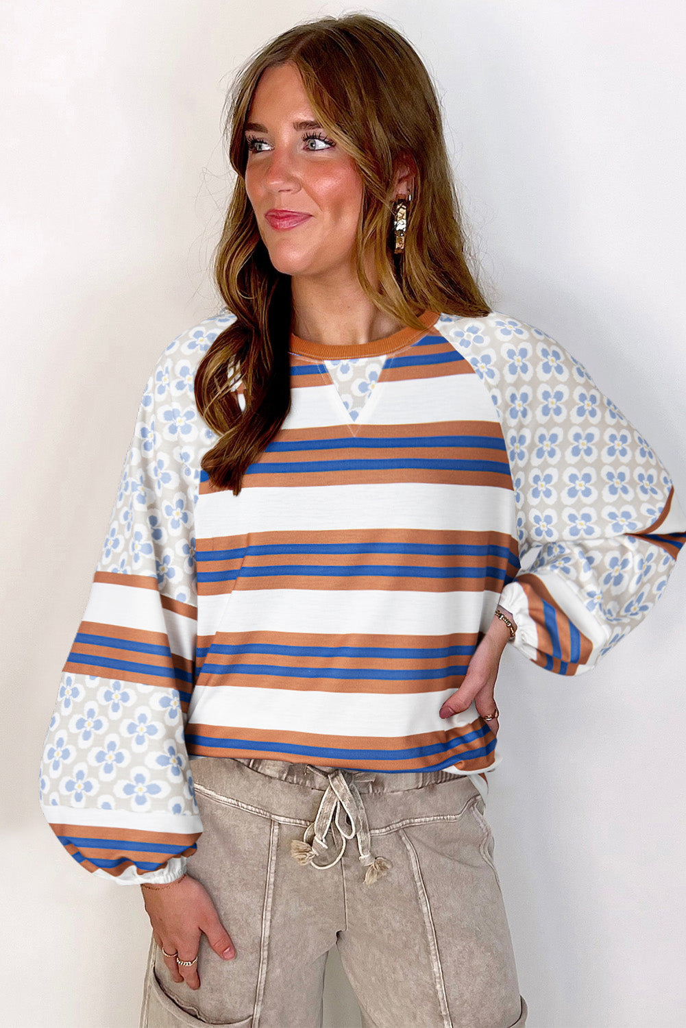 White Striped Floral Printed Patchwork Lantern Sleeve Blouse BB Fashion Outlet
