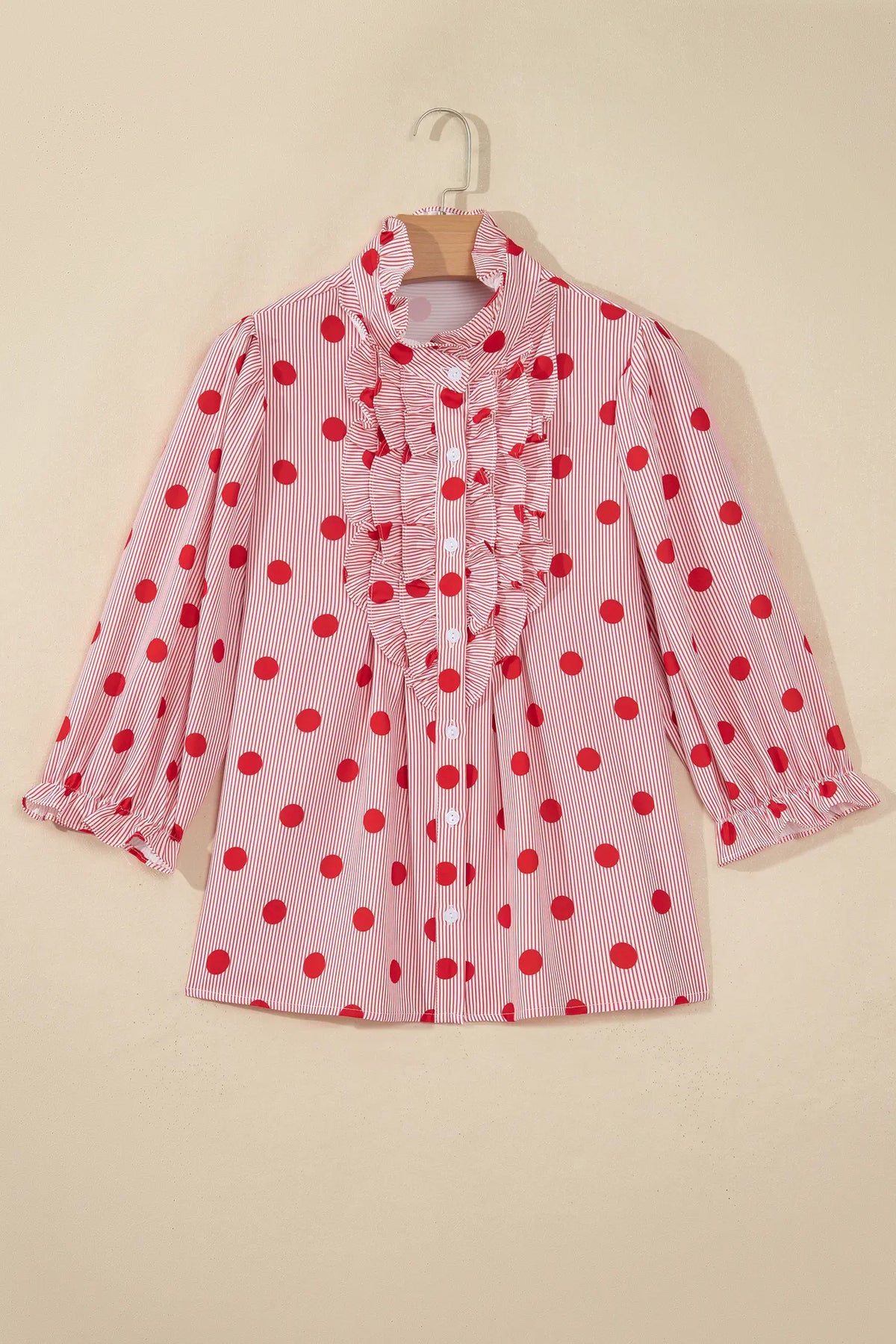 Polka Dot Striped Print Ruffle Stand Neck 3/4 Sleeve Shift Shirt – Fiery Red