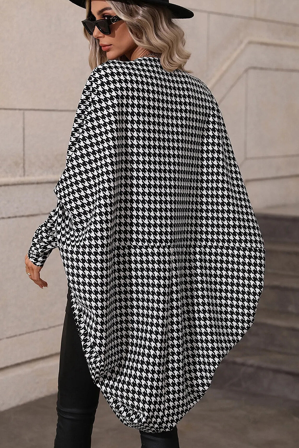 Black Houndstooth Print Open Front Long Dolman Kimonos Dear-Lover Dropshipping