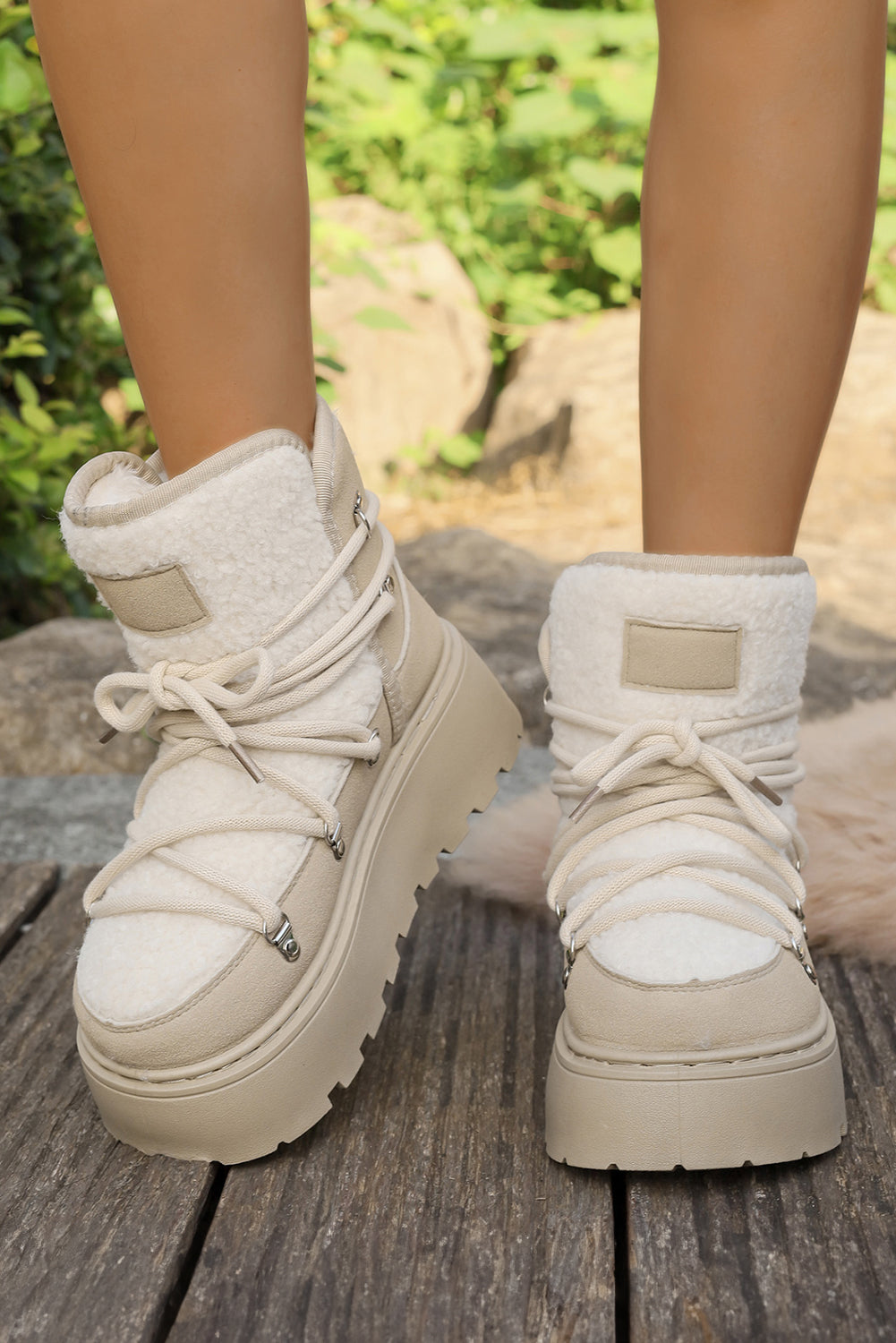White Sherpa PU Leather Patchwork Lace-up Thick Bottom Snow Boots - eAura