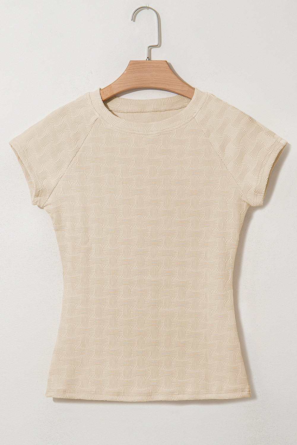 Beige Textured Crew Neck Cap Sleeve Slim Stretchy T-Shirt eAura