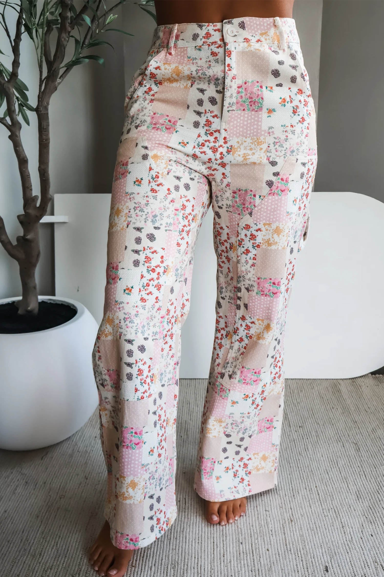 Floral Patchwork Wide Leg Full Length Jeans – Pink