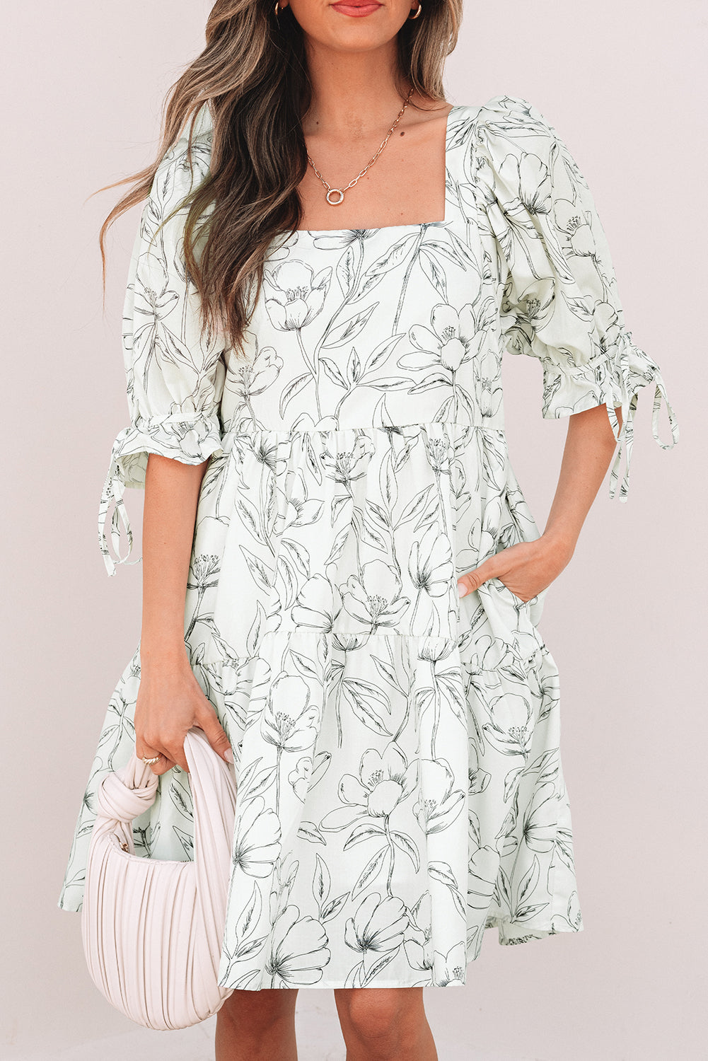 Beige Floral Print Square Neck Shirred Back Puff Sleeve Mini Dress eAura