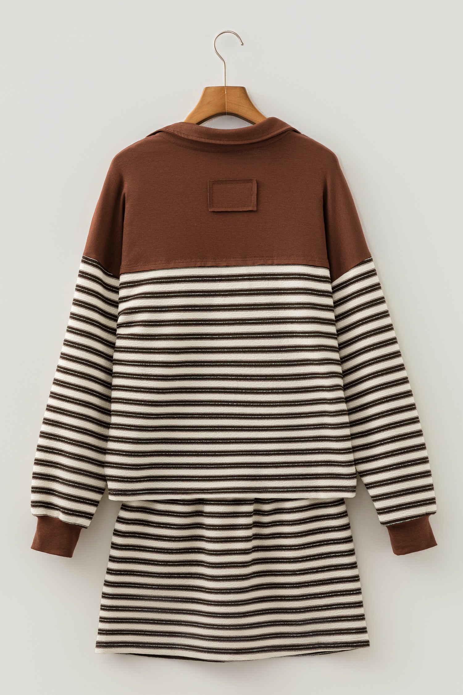 Contrast Trim Button Neck Long Sleeve Top Drawstring Mini Skirt Set – Brown Stripe