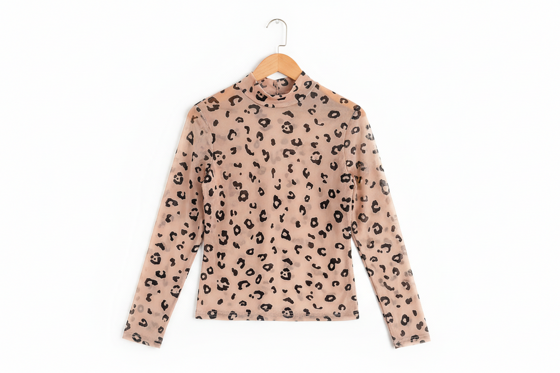 Khaki Mock Neck Sheer Mesh Leopard Long Sleeve Bodysuit - eAura