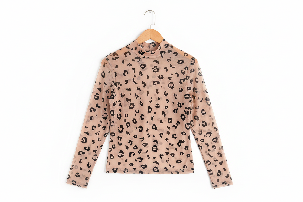 Khaki Mock Neck Sheer Mesh Leopard Long Sleeve Bodysuit - Tops/Bodysuits
