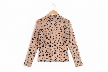 Khaki Mock Neck Sheer Mesh Leopard Long Sleeve Bodysuit - Tops/Bodysuits