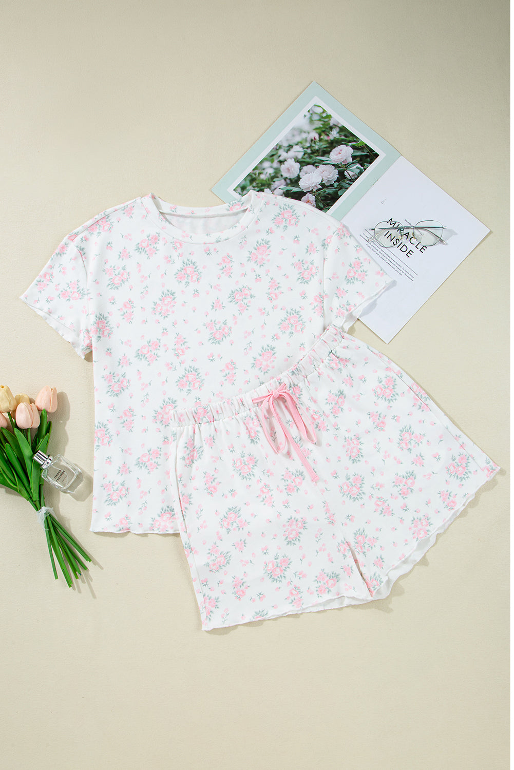 Pink Floral Lettuce Trim Tee and Shorts Ribbed Lounge Set eAura