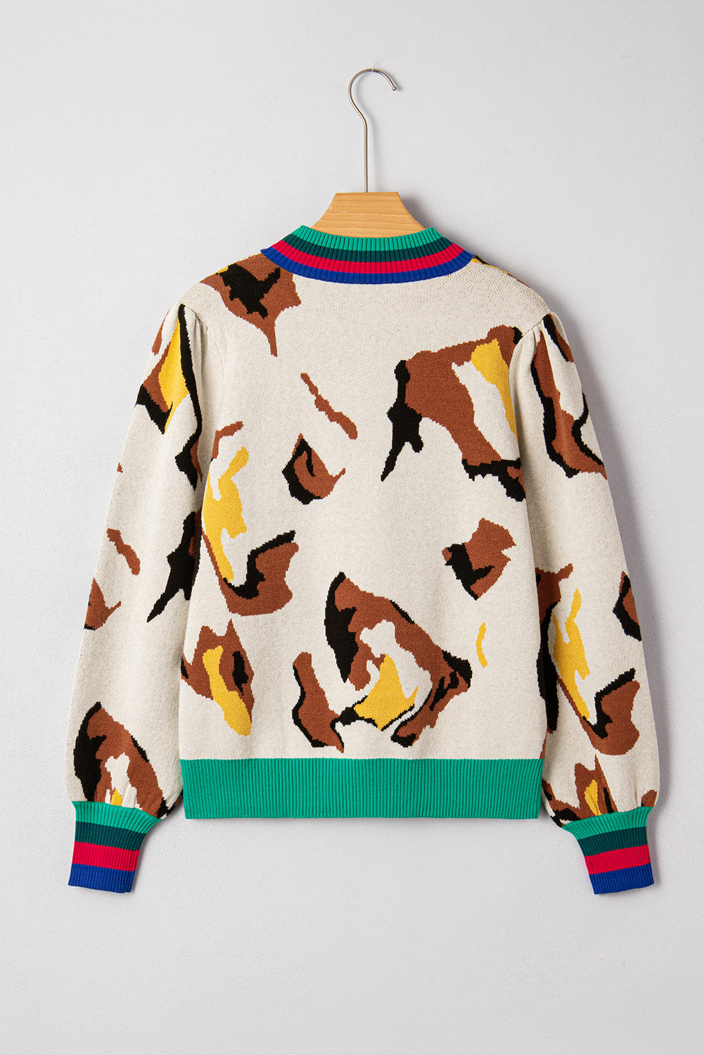 Contrast Ribbed Stripes Detail Animal Pattern Knit Sweater eAura