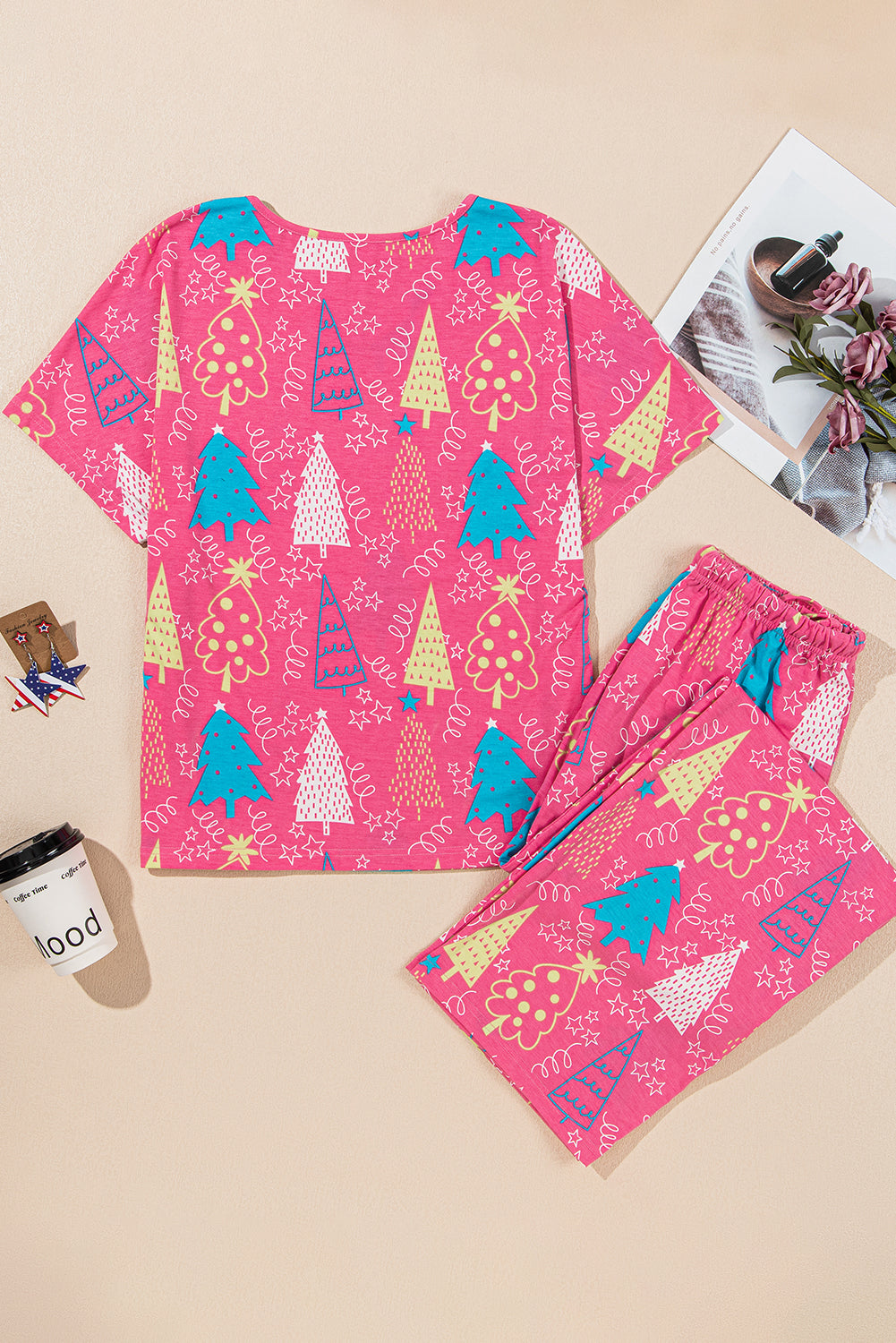Christmas Tree Print Tee and Pants Pyjama Set - eAura