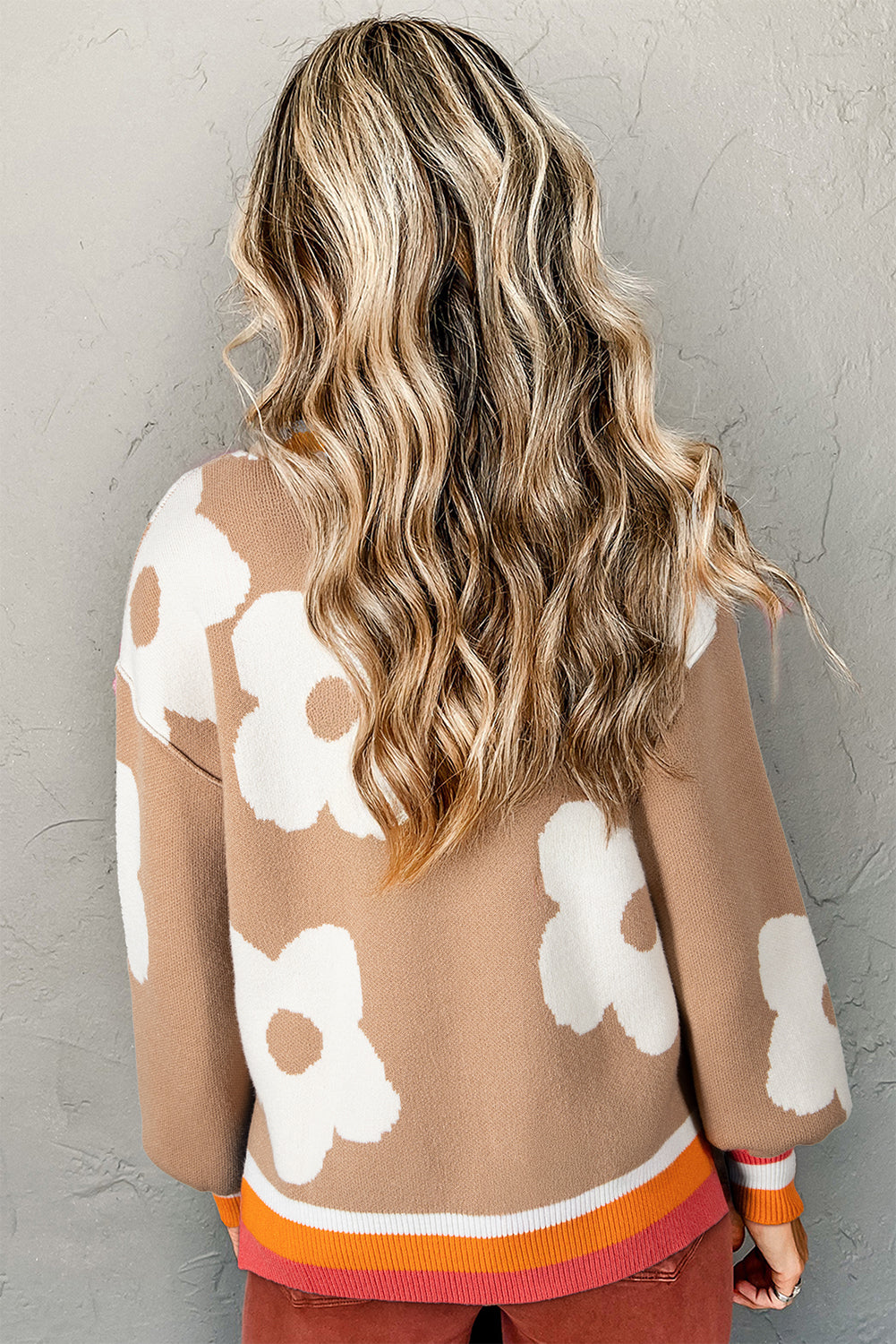 Big Flower Pattern Contrast Striped Baggy Sweater - eAura