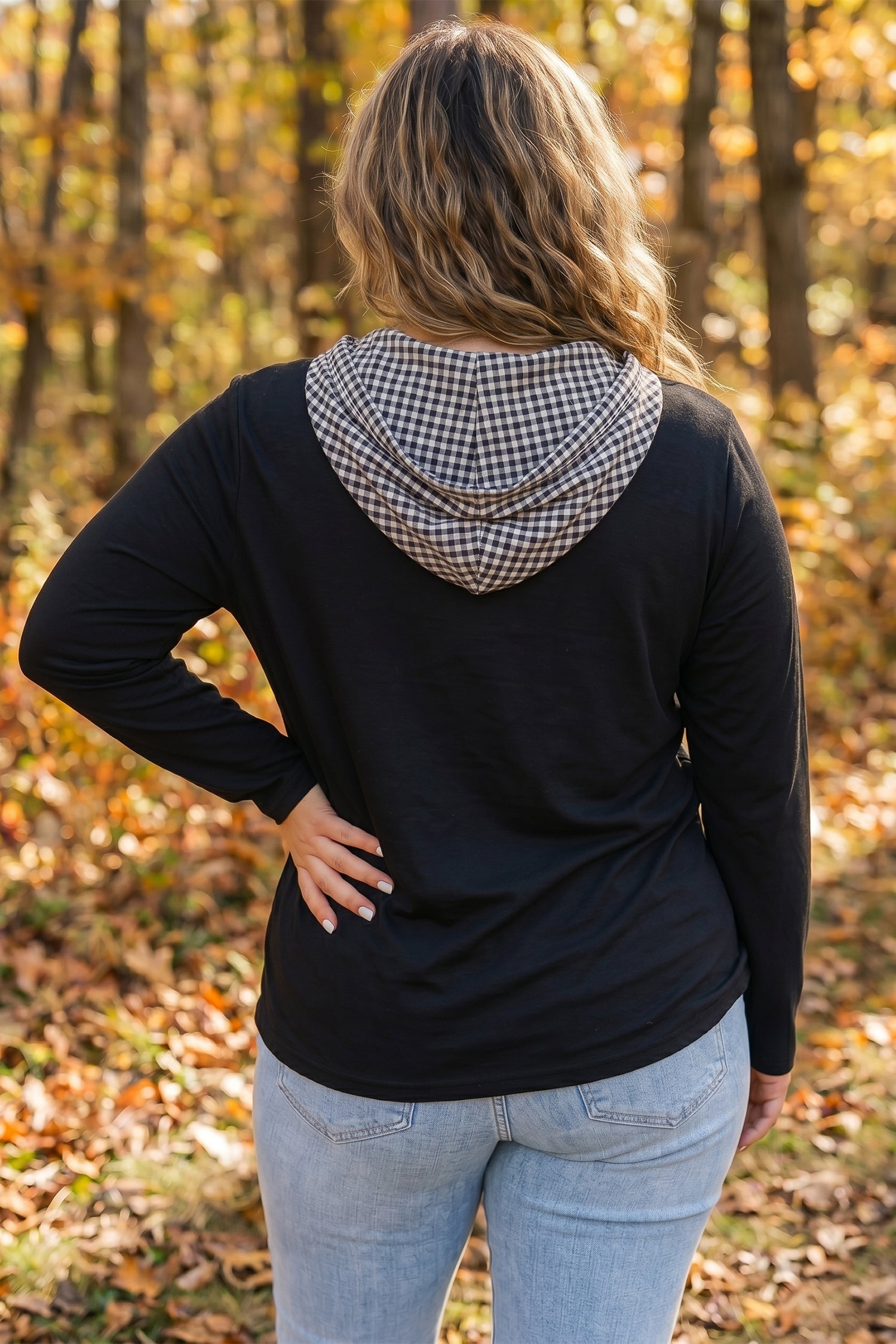 Hooded Gingham Paneling Chest Patch Pocket Long Sleeve Plus Size Blouse – Black