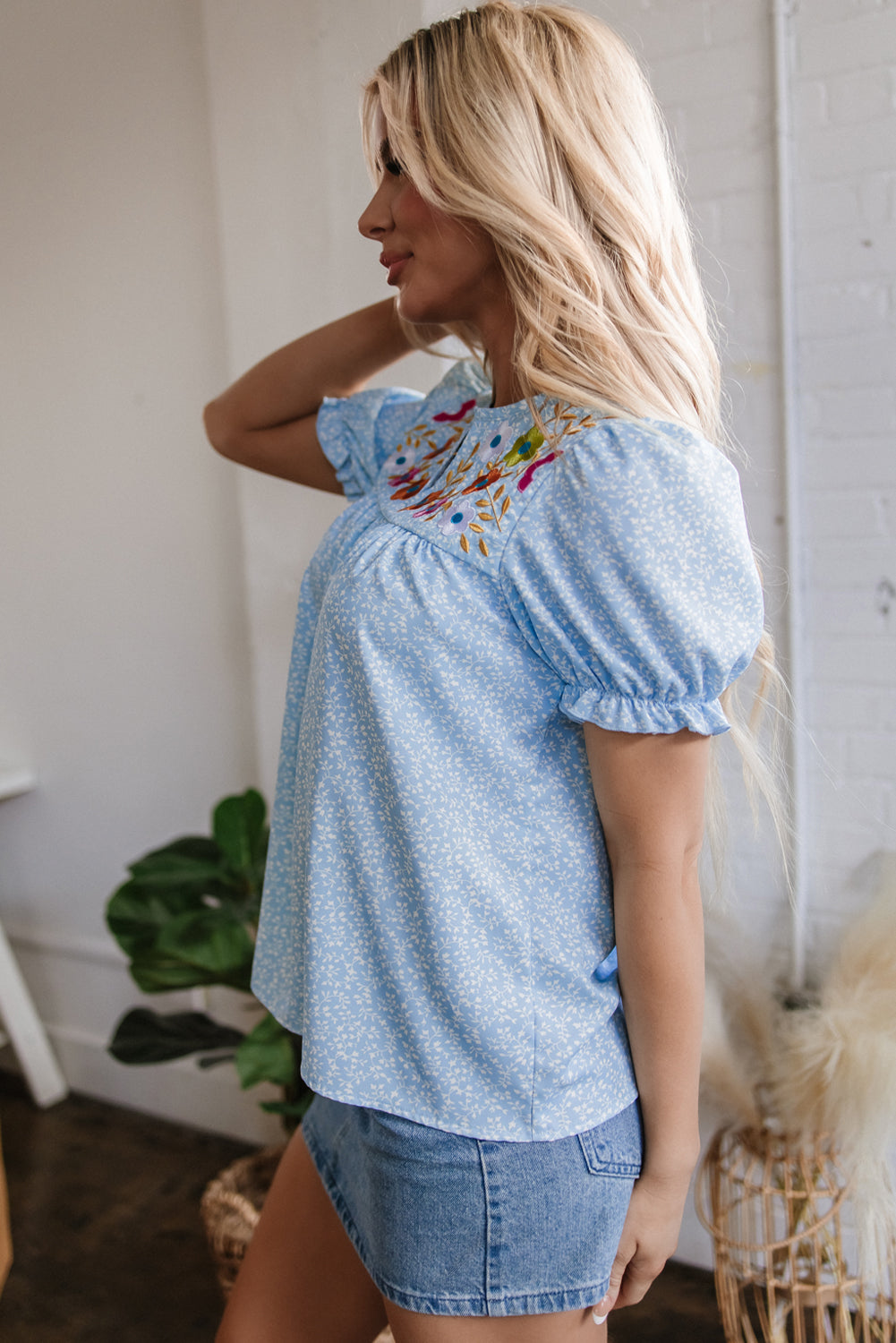 Sky Blue Floral Embroidered Puff Sleeve Notched V Neck Blouse eAura
