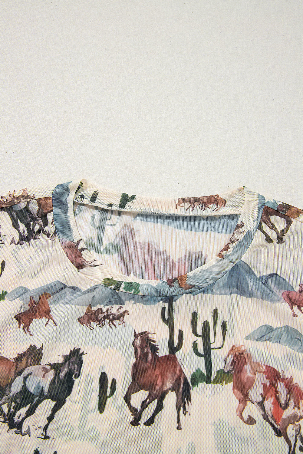 Beige Western Fashion Mustang River Printed Mesh T Shirt eAura