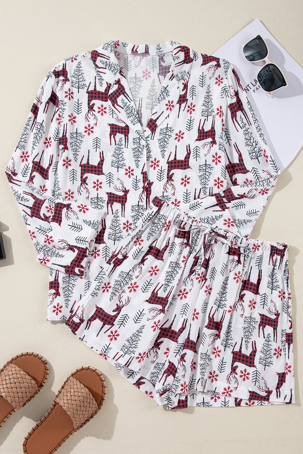 White Christmas Deer Print Shirt and Shorts Pyjama Set - eAura