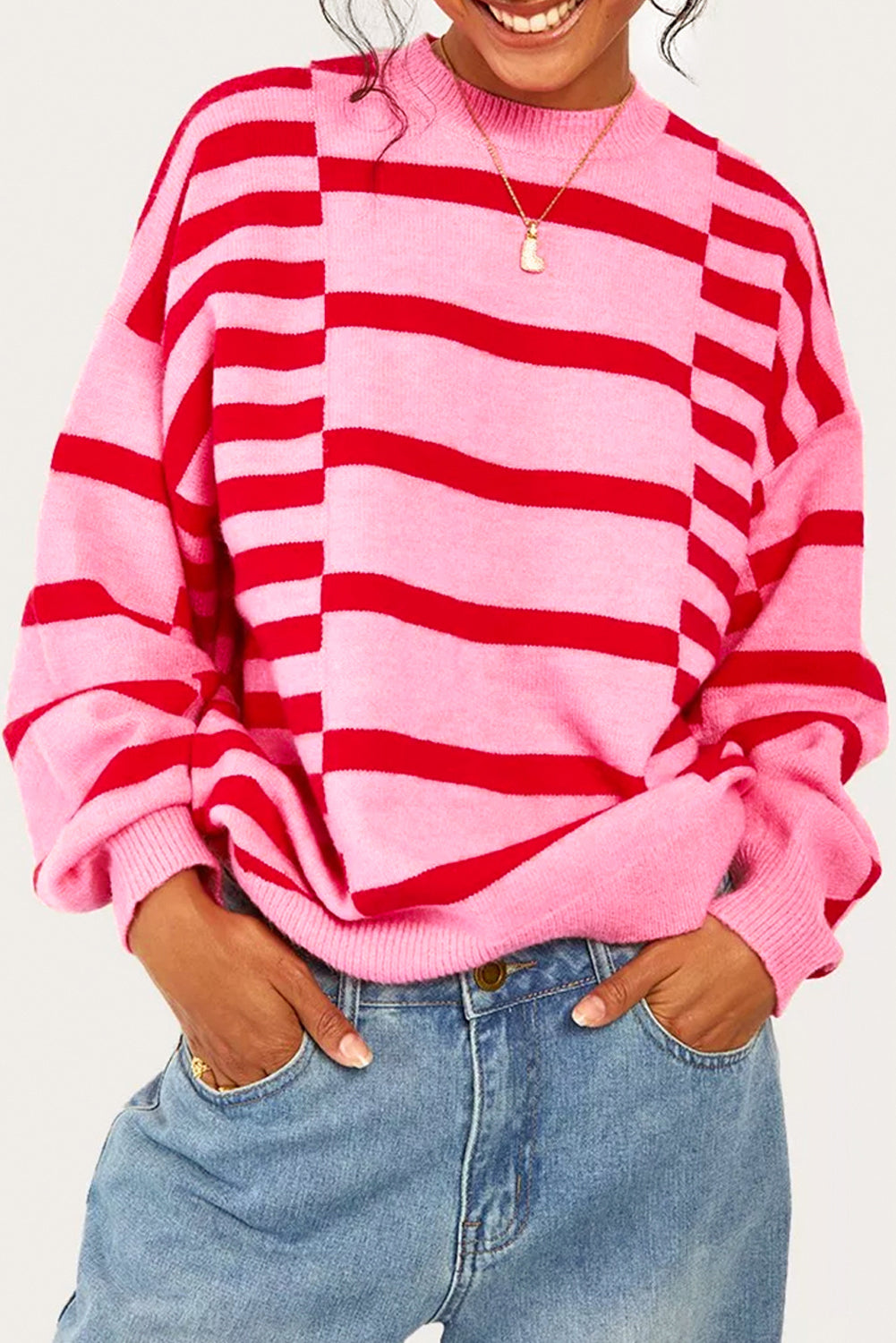 Pink Stripe Bubble Sleeve Drop Shoulder Ribbed Trim Sweater eAura