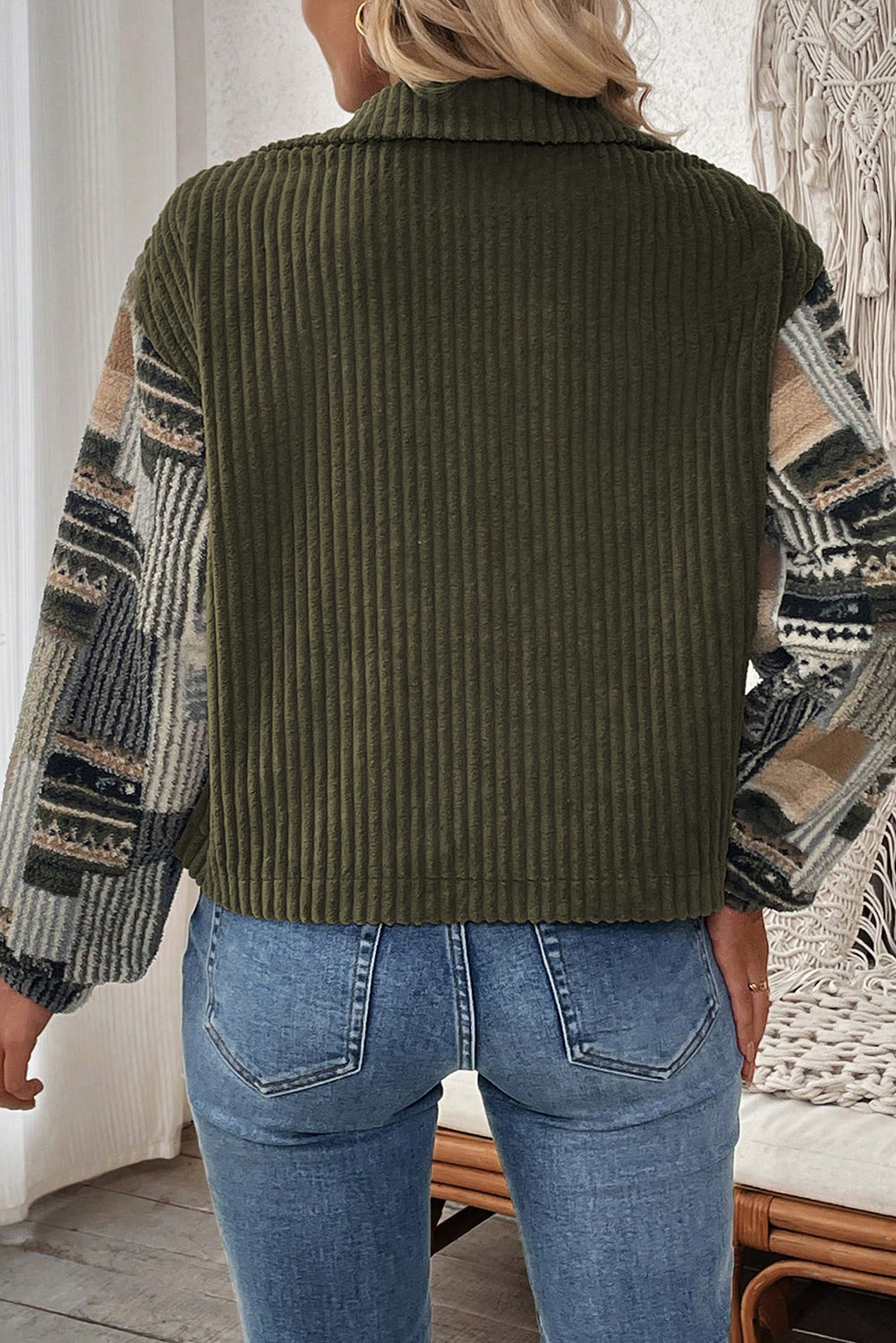 Green Ribbed Fleece Plaid Print Patchwork Button Up Jacket - eAura