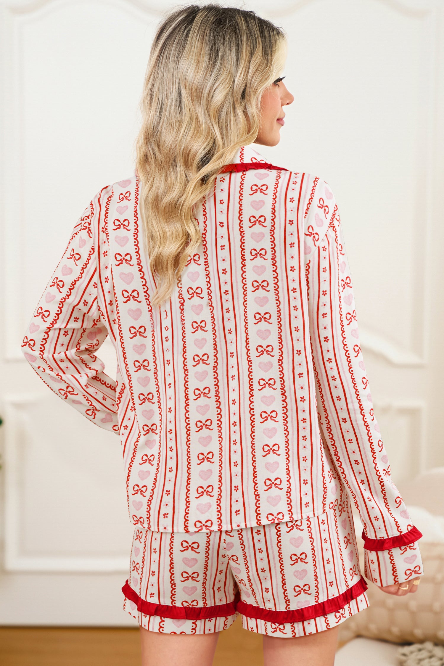 Sweet Floral Heart Bow Print Contrast Trim Long Sleeve Shirt Pajama Short Set – Red