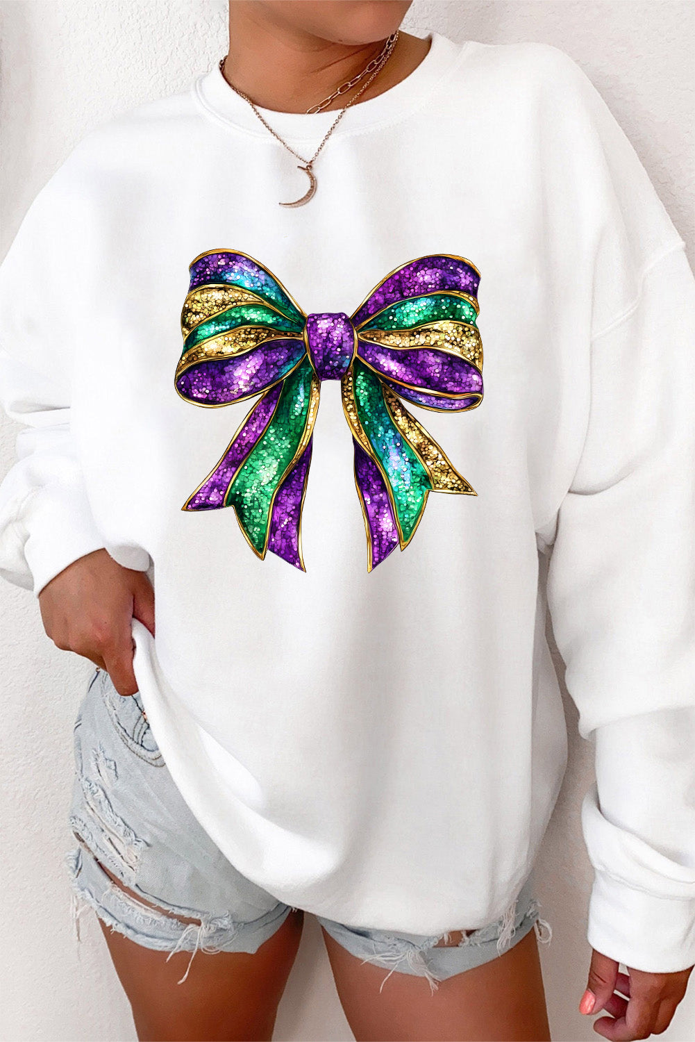 White Mardi Gras Bow Graphic Drop Shoulder Sweatshirt eAura