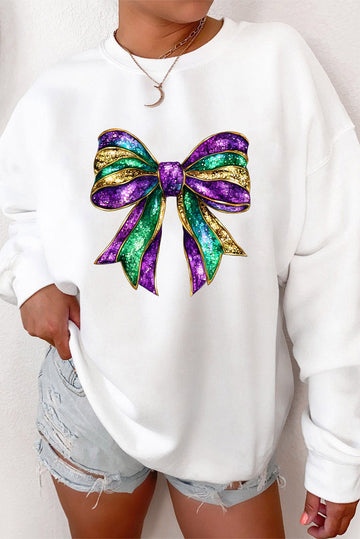 White Mardi Gras Bow Graphic Drop Shoulder Sweatshirt - S / 50% Polyester + 50% Cotton - Graphic/Graphic Sweatshirts