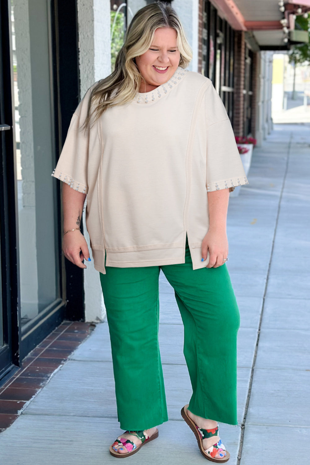 Beige Pearl Decor Crew Neck Half Sleeve Plus Size T Shirt BB Fashion Outlet