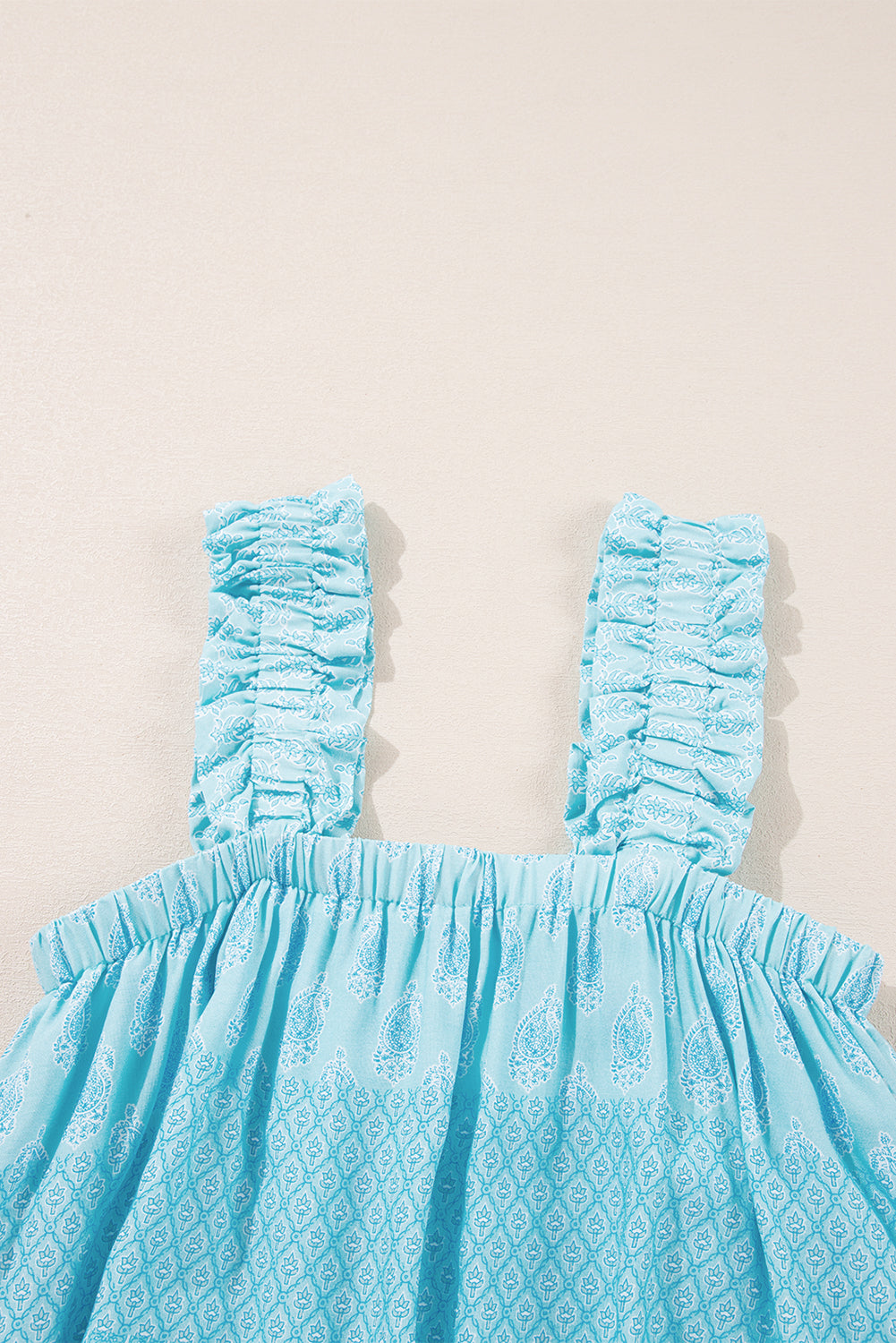 Sky Blue Tribal Pattern Print Ruffled Wide Straps Loose Tank Top eAura