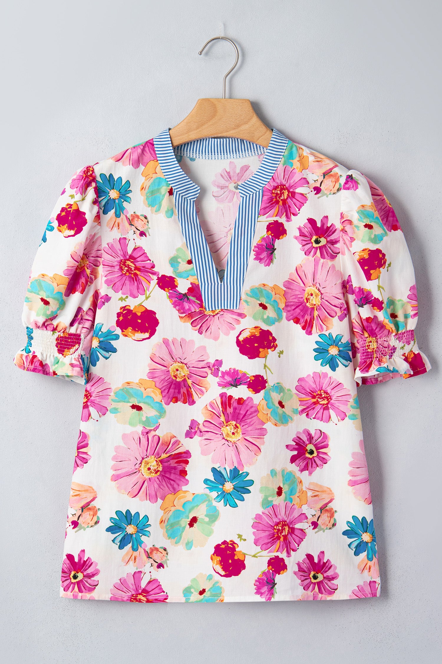 Floral Print Short Puff Sleeve Striped Trim V Neck Blouse – Beige