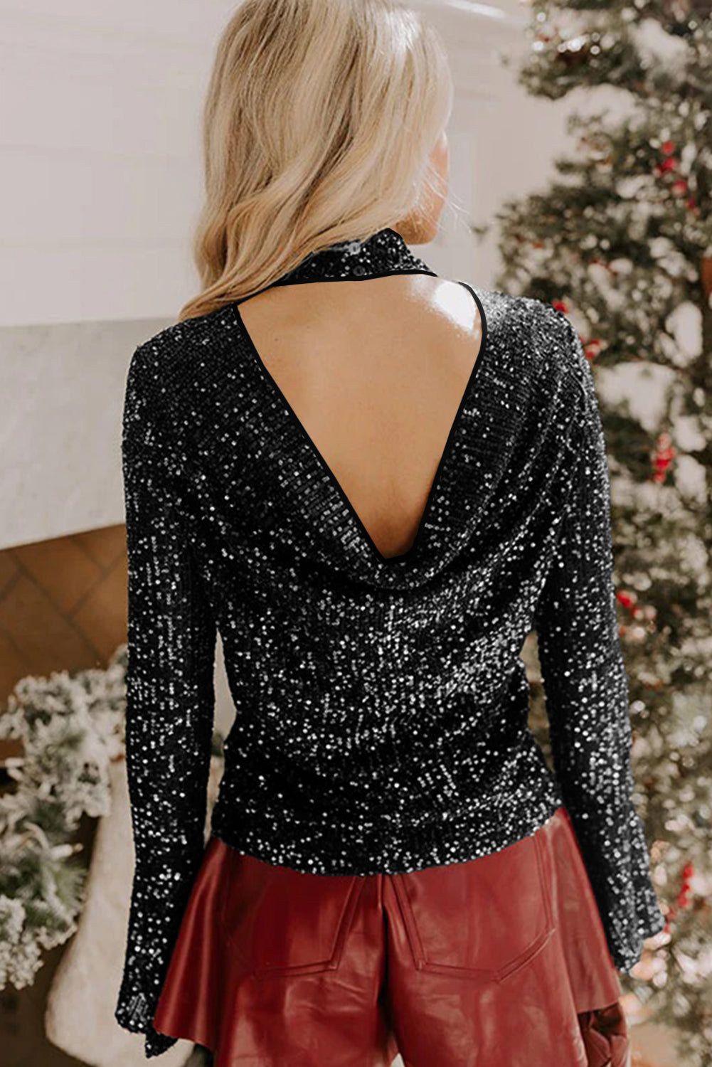Black Sequin Mock Neck Drape Open Back Bell Sleeve Top Dear-Lover Dropshipping