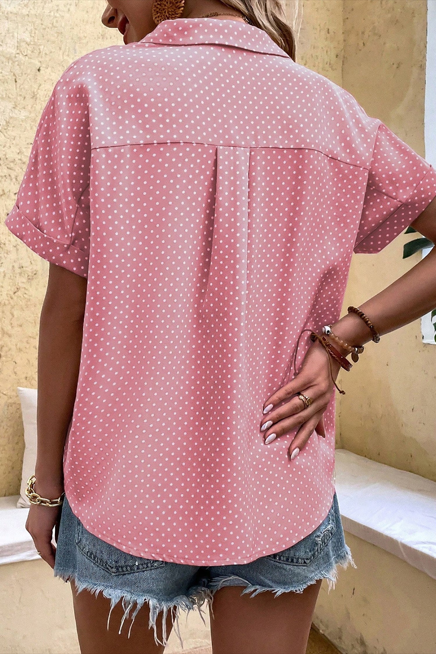 Dotted Print Cuffed Short Sleeve Shirt