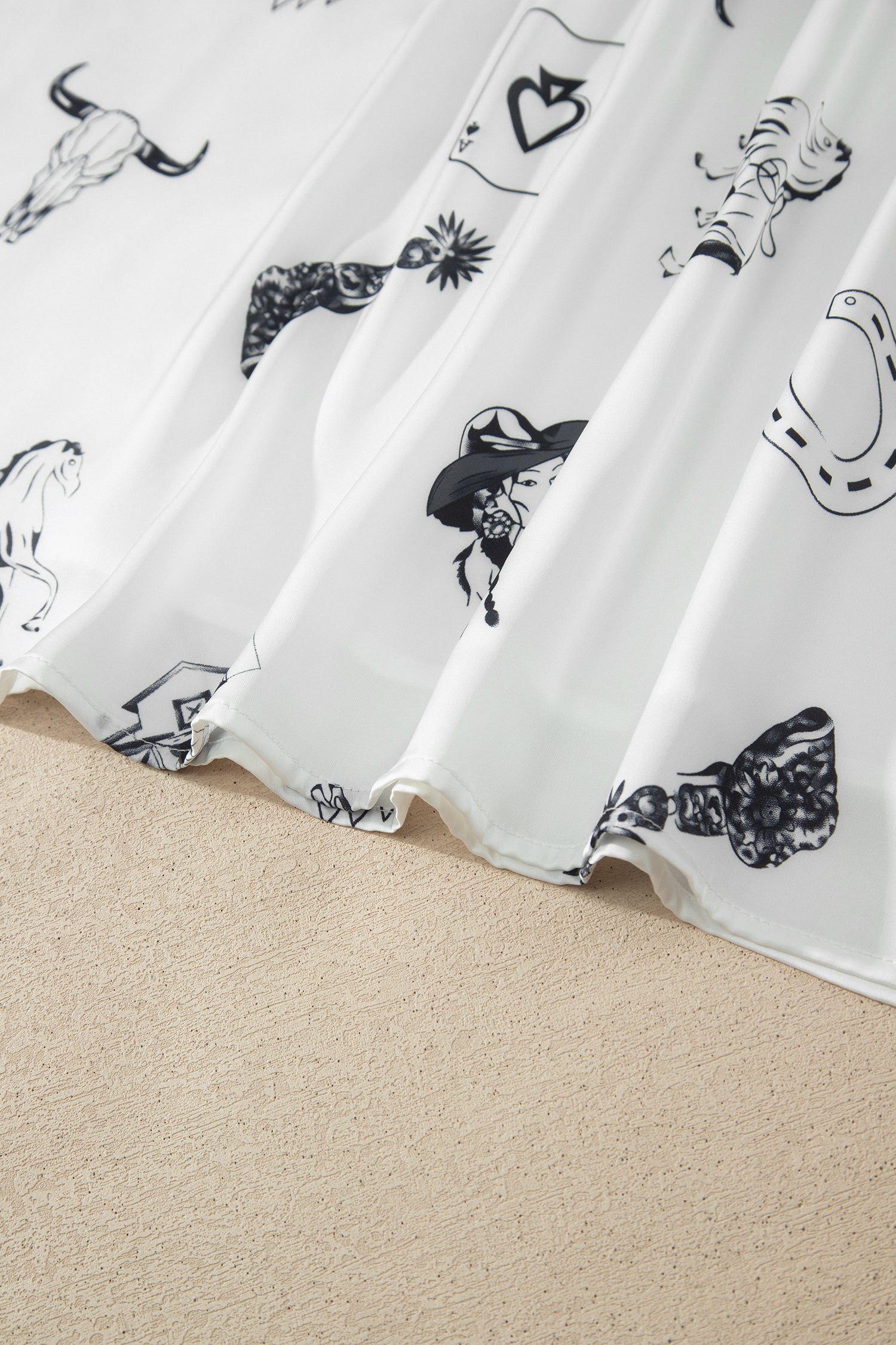 Western Print Satin Long Skirt – White