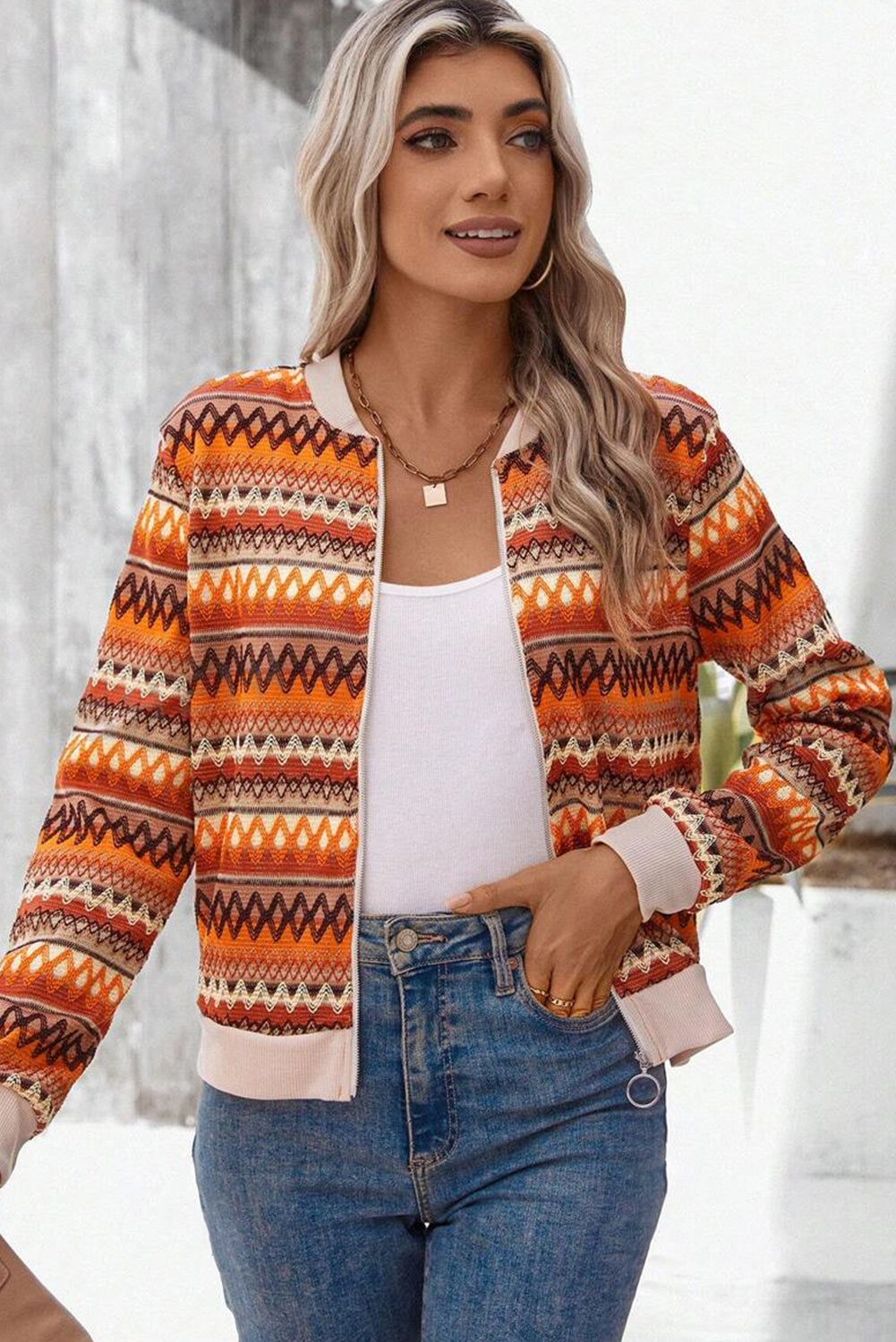 Orange Boho Striped Zip Up Long Sleeve Jacket eAura