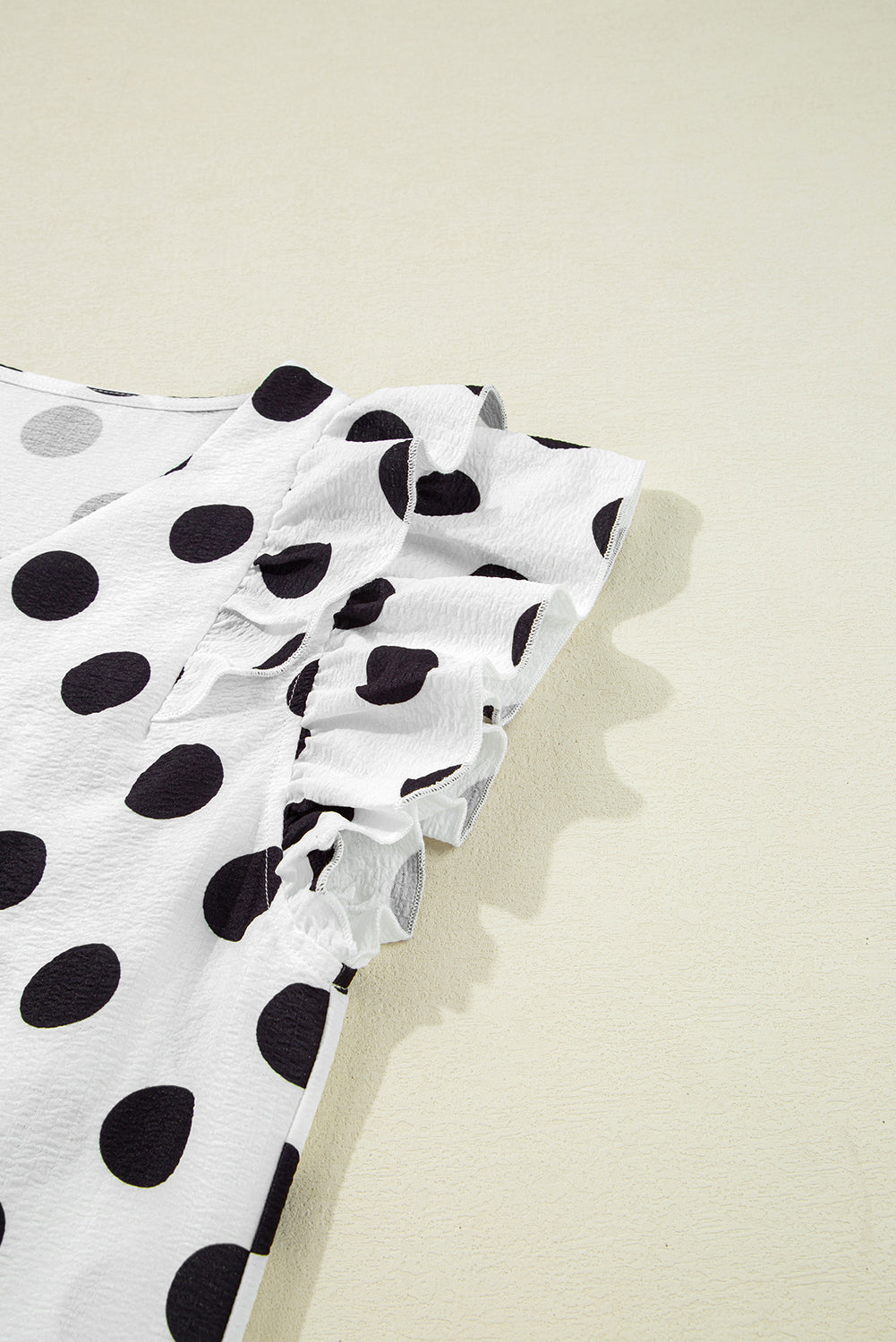 White Polka Dot Print Ruffled Sleeve V Neck Blouse eAura