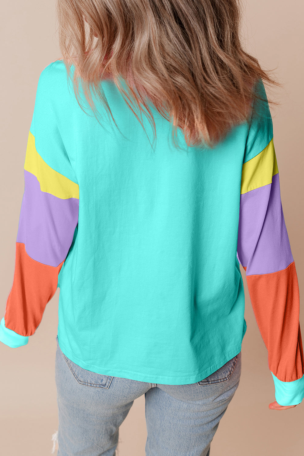Dark Blue Colourblock Patchwork Long Sleeve Loose Top eAura
