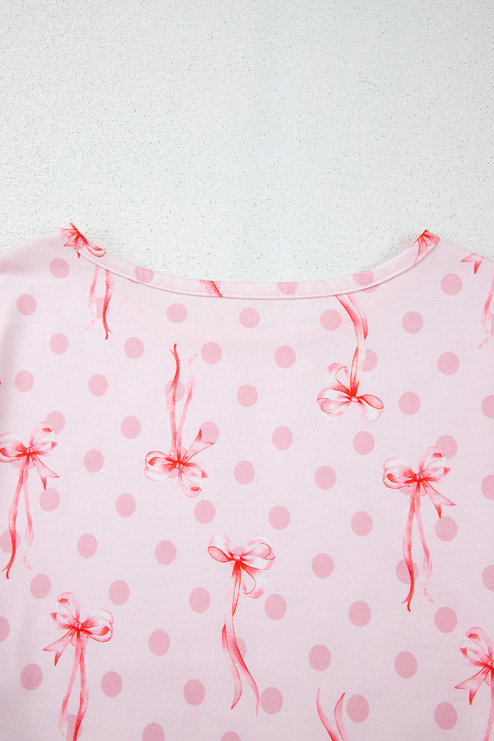 Pink Bow Knot Polka Dot Print Short Sleeve Top Lounge Set eAura