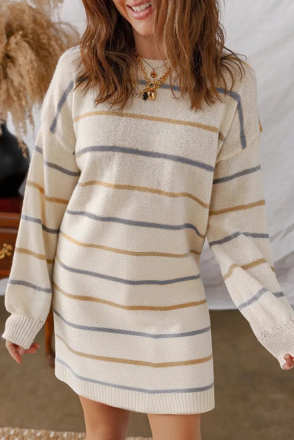 Striped Print Drop Shoulder Shift Sweater Mini Dress