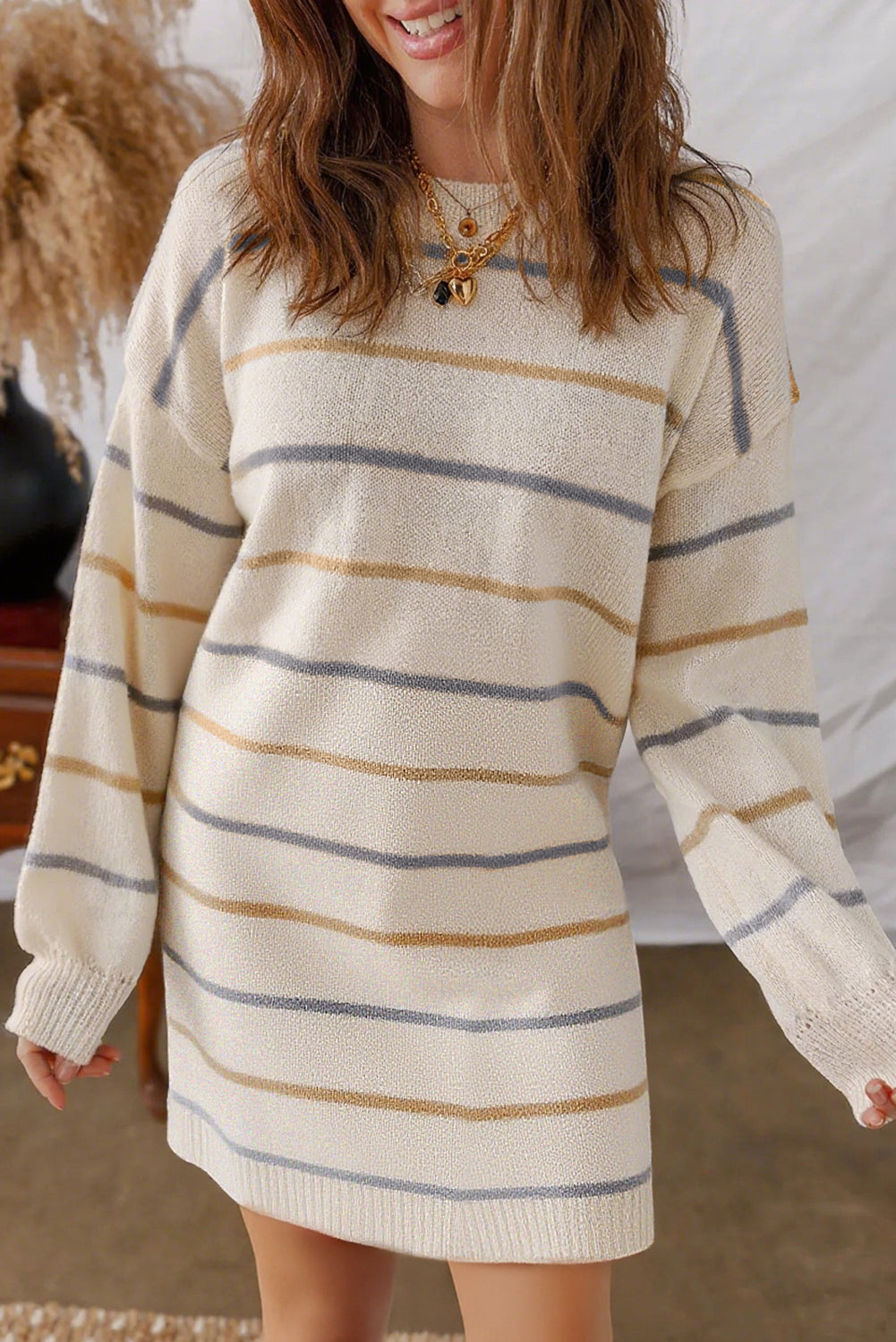 Multicolour Striped Print Drop Shoulder Shift Sweater Mini Dress Dear-Lover Dropshipping
