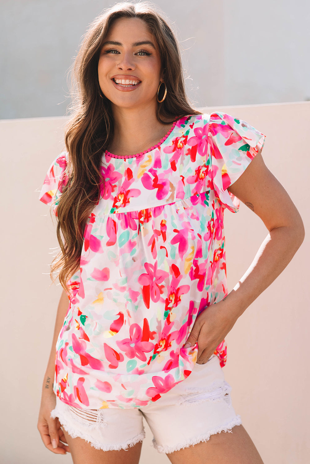 Rose Floral Print Flutter Sleeve Round Neck Casual Blouse eAura