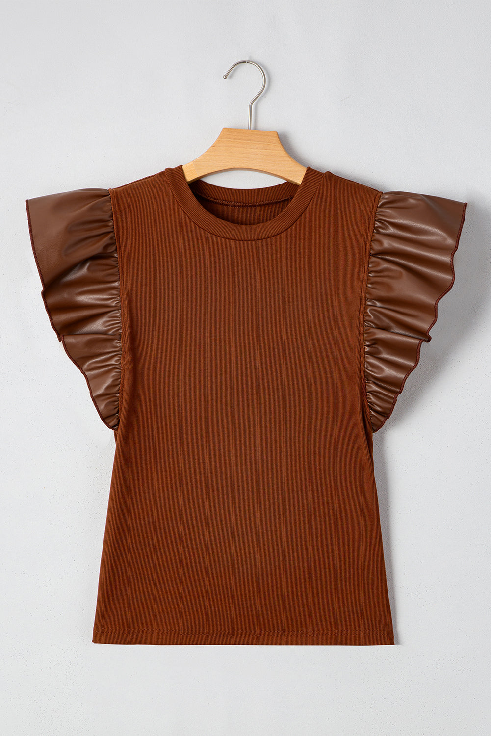 Cinnamon Leather Ruffle Sleeve Patchwork Round Neck Blouse eAura