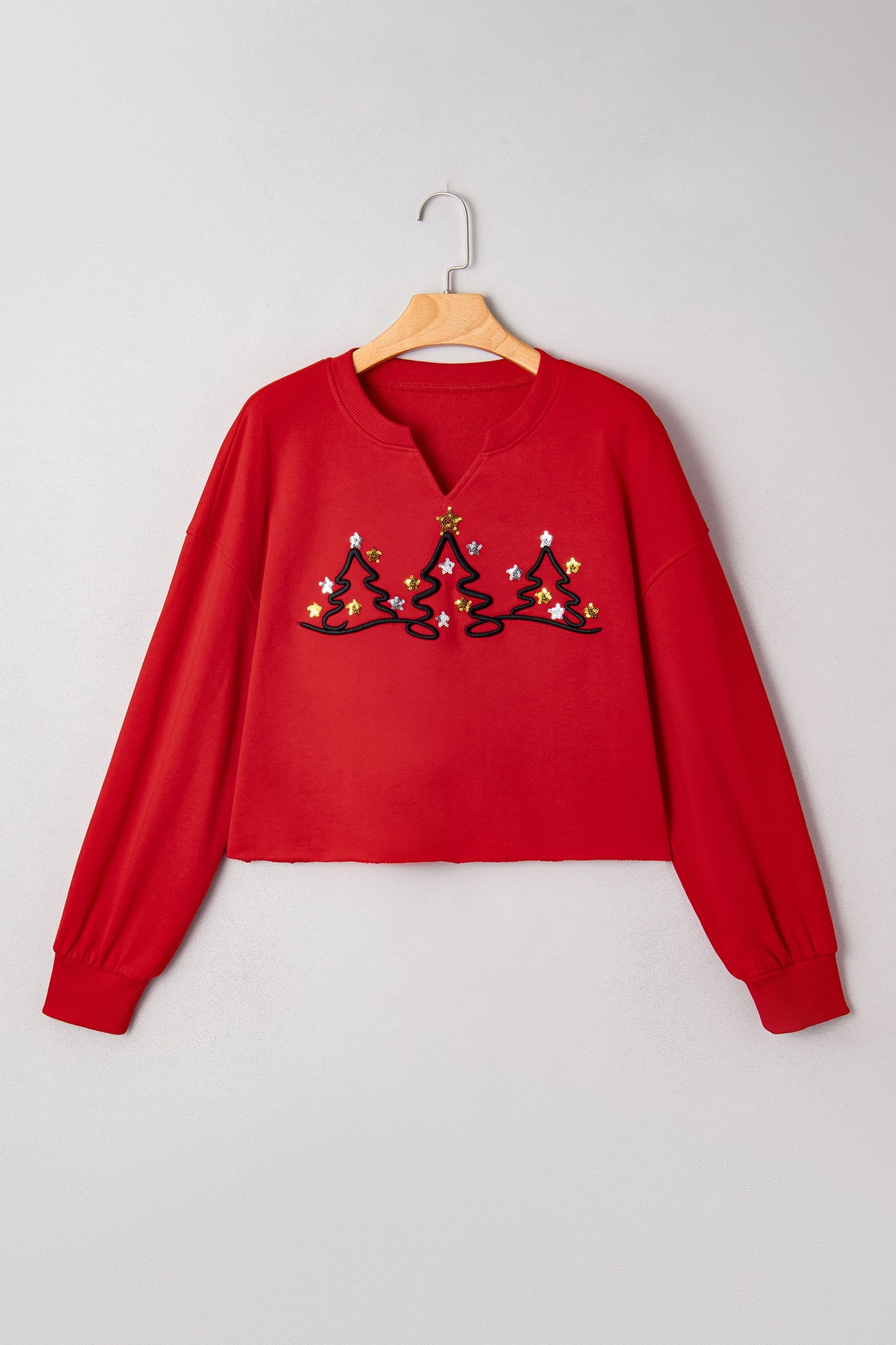 Red Christmas Tree Embroidered Notched Neck Cropped Sweatshirt - eAura