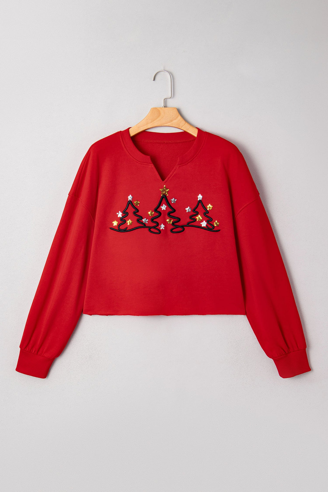 Red Christmas Tree Embroidered Notched Neck Cropped Sweatshirt - eAura