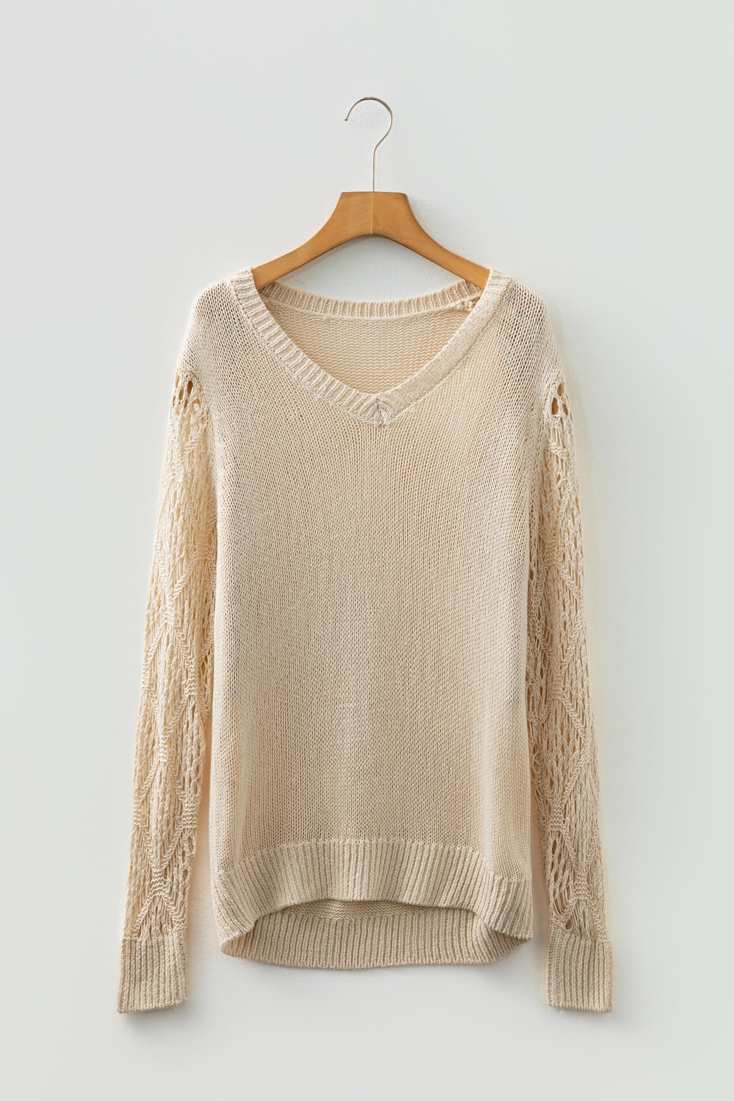 V-Neck Pointelle Knit Sleeve Sweater - Sweaters & Cardigans/Sweaters